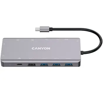 CANYON 13 in 1 USB C hub, with 2*HDMI, 3*USB3.0: support max. 5Gbps, 1*USB2.0: support max. 480Mbps, 1*PD: support max 100W PD, 1*VGA,1* Type C data, 1*Glgabit Ethernet, 1*3.5mm audio jack, cable 15cm