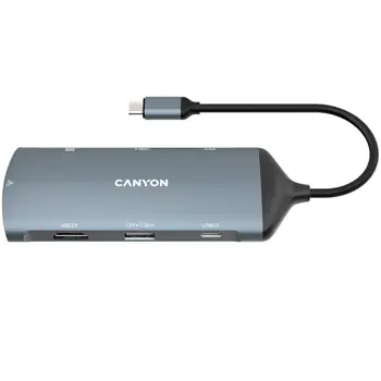 CANYON 8 in 1 hub, with 1*HDMI,1*Gigabit Ethernet,1*USB C female:PD3.0 support max60W,1*USB C male :PD3.0 support max100W,2*USB3.1:support max 5Gbps,1*USB2.0:support max 480Mbps, 1*SD, cable 15cm, Alu