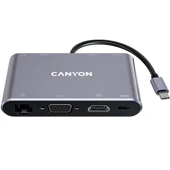 CANYON  8 in 1 USB C hub, with 1*HDMI: 4K*30Hz, 1*VGA, 1*Type-C PD charging port, Max 100W PD input. 3*USB3.0,transfer speed up to 5Gbps. 1*Glgabit Ethernet, 1*3.5mm audio jack, cable 15cm, Aluminum a