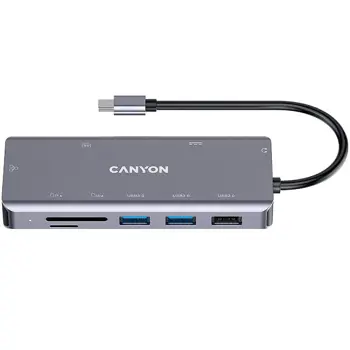 CANYON 9 in 1 USB C hub, with 1*HDMI: 4K*30Hz,1*Gigabit Ethernet,, 1*Type-C PD charging port, Max 100W PD input. 2*USB3.0,transfer speed up to 5Gbps. 1*USB 2.0, 1*SD, 1*3.5mm audio jack, cable 18cm, A