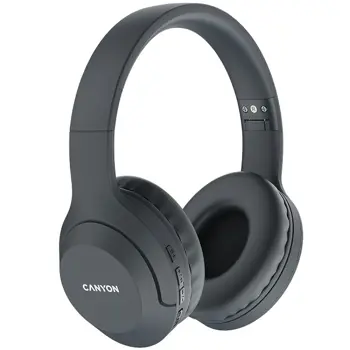 CANYON BTHS-3, Canyon Bluetooth headset,with microphone, BT V5.1 JL6956, battery 300mAh, Type-C charging plug, PU material, size:168*190*78mm, charging cable 30cm and audio cable 100cm, Dark grey