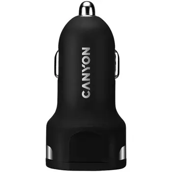 CANYON C-04 Universal 2xUSB car adapter, Input 12V-24V, Output 5V-2.4A, with Smart IC, black rubber coating with silver electroplated ring, 59.5*28.7*28.7mm, 0.019kg