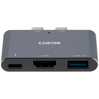 CANYON DS-1 Multiport Docking Station with 3 port, with Thunderbolt 3 Dual type C male port, 1*Thunderbolt 3 female+1*HDMI+1*USB3.0. Input 100-240V, Output USB-C PD100W&USB-A 5V/1A, Aluminium alloy, S