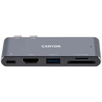 CANYON DS-5 Multiport Docking Station with 5 port, with Thunderbolt 3 Dual type C male port, 1*Thunderbolt 3 female+1*HDMI+1*USB3.0+1*SD+1*TF. Input 100-240V, Output USB-C PD100W&USB-A 5V/1A, Aluminiu