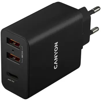 CANYON H-08 Universal 3xUSB AC charger (in wall) with over-voltage protection(1 USB-C with PD Quick Charger), Input 100V-240V, Output USB-A/5V-2.4A+USB-C/PD30W, with Smart IC, Black Glossy Color+orang