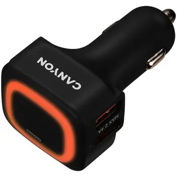 CANYON Universal  4xUSB car adapter, Input 12V-24V, Output 5V-4.8A, with Smart IC, black  rubber coating + orange LED