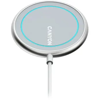 CANYON WS-100 Wireless charger, Input 9V/2A, 9V/2.7A, 12V/2A, Output 15W/10W/7.5W/5W, Type c cable length 1.5m, Acrylic surface+Aluminium alloy edge, 59*59*7mm, 0.06Kg, Silver