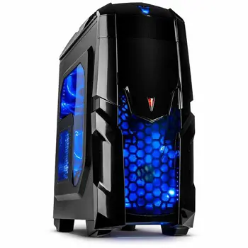 Kućište Chassis INTER-TECH Q2 ILLUMINATOR BLUE Gaming Midi Tower, ATX, 2xUSB3.0, 1xUSB2.0, Audio, Card reader, PSU optional, Sidepanel with window, 3x 120mm fans with BLUE LEDs, Dust filters, Black