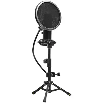 LORGAR Gaming Microphones, Black, USB condenser microphone with tripod stand, pop filter, including 1 microphone, 1 Height metal tripod, 1 plastic shock mount, 1 windscreen cap, 1,2m metel type-C USB