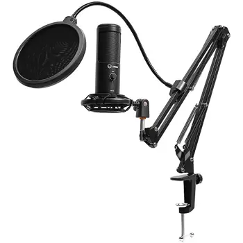 LORGAR Gaming Microphones, Black, USB condenser microphone with boom arm stand, pop filter, tripod stand. including 1* microphone, 1*Boom Arm Stand with C-clamp, 1*shock mount, 1*pop filter, 1*windscr