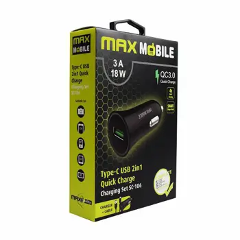 MAXMOBILE AUTO ADAPTER USB  SC-106 QC 3.0,18W QUICK CHARGE 3A + TYPE C crni