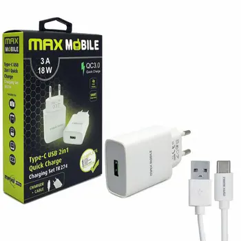 MAXMOBILE KUĆNI PUNJAČ SET 2U1 QC 3.0 QUICK CHARGE USB+ TYPE C, 3A,18W  bijeli