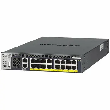 Netgear M4300-16X POE+ APS600W Managed premium Switch16 x 100,1000,2.5G,5G,10GBase-T RJ-45 PoE+ ¦ 1 x Verwaltung (Gigabit-LAN) RJ-45 ¦ 1 x seriell (RS-232) RJ-45 ¦ 1 x Konsole (Mini-USB) ¦ 1 x USB Typ