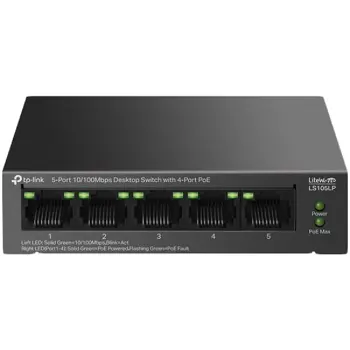 TP-Link 5-Port 10/100Mbps Desktop preklopnik (Switch), 5×10/100 Mbps RJ45 Ports (4×10/100 Mbps 802.3af PoE Ports) 802.3af, 41W PoE Power, metalno kučište