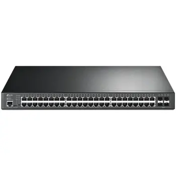 TP-Link JetStream 48-port Gigabit L2 Smart PoE+ preklopnik, 48×10/100/1000 RJ45 ports, 4×SFP Gigabit, 1×RJ45 console port, 1×microUSB, 1U 19" rack-mount (385W)