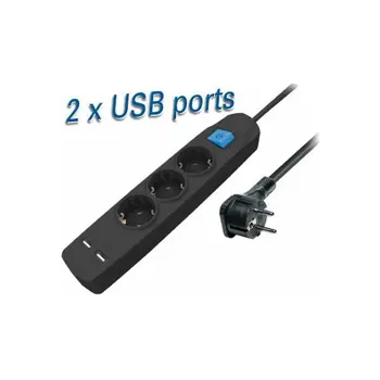 Transmedia 3-way power strip with two USB charging ports, 1,5m black