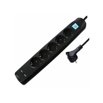 Transmedia 5-way power strip with 2x USB, black, 3m