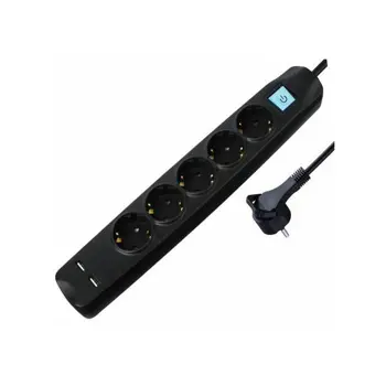 Transmedia 5-way power strip with 2x USB, black, 5m