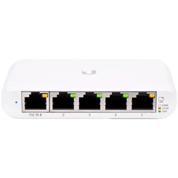 Ubiquiti USW Flex Mini 5-Port managed Gigabit Ethernet switch powered by 802.3af/at PoE or 5V, 1A USB-C power adapter.