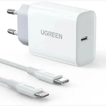 UGREEN punjač , 20W, PD Fast Charger + USB-C na Lightning, bijeli, 1m